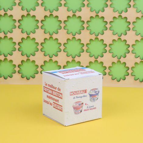 Boîte en papier ensemencé personnalisée aux couleurs de Paysan Breton, avec impressions publicitaires sur plusieurs faces, sur f