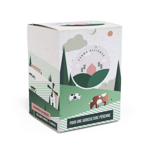 Boîte rectangulaire en papier ensemencé personnalisée pour Ferme Alliance, avec paysages agricoles, animaux, logo et message « P