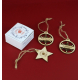 Coffret de décorations de Noël publicitaires avec boîte en papier ensemencé personnalisée, deux boules en bois ajouré et une éto Coffret de décorations de Noël publicitaires avec boîte en papier ensemencé personnalisée, deux boules en bois ajouré et une éto