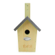 • Vue de face d'un nichoir à oiseaux en bois naturel personnalisé avec logo fortil gravé sous une plaque métallique décorative, • Vue de face d'un nichoir à oiseaux en bois naturel personnalisé avec logo fortil gravé sous une plaque métallique décorative,