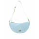 Vue de face du sac lune Inès bleu azur avec bandoulière écrue réglable et logo noir personnalisé sur une étiquette blanche recta Vue de face du sac lune Inès bleu azur avec bandoulière écrue réglable et logo noir personnalisé sur une étiquette blanche recta