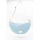 Vue de face du sac lune Inès bleu azur avec fermeture zippée, bandoulière écrue réglable, mousquetons métalliques dorés et étiqu Vue de face du sac lune Inès bleu azur avec fermeture zippée, bandoulière écrue réglable, mousquetons métalliques dorés et étiqu
