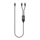 Vue de face d'un câble de recharge noir à gaine tressée, formant une longue boucle en U. Il présente trois connecteurs USB-C, do Vue de face d'un câble de recharge noir à gaine tressée, formant une longue boucle en U. Il présente trois connecteurs USB-C, do