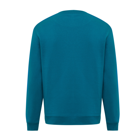Vue de dos d'un sweat bleu pétrole uni, à manches longues et coupe droite. L'encolure ronde présente une couture en demi-cercle 