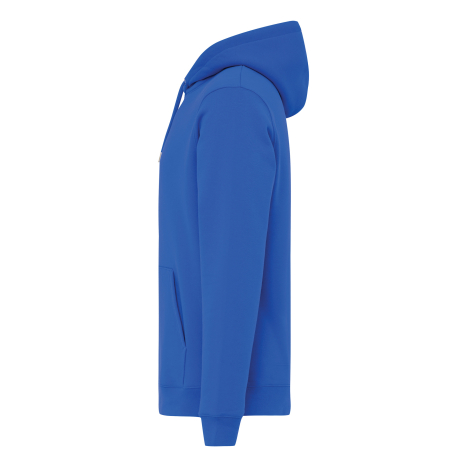 Sweat à capuche bleu vif présenté de profil, montrant la coupe droite, l'épaisseur de la capuche, la couture de l'épaule, la poc