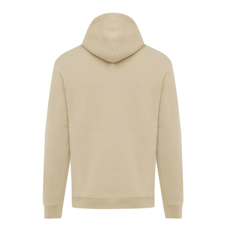 Vue de dos d'un sweat à capuche beige clair, avec manches longues, capuche rabattue sur le haut du dos, couture centrale sur la 