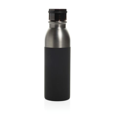 Gourde noire présentée de face, avec un corps cylindrique mat, des épaules métalliques gris foncé satiné et un bouchon transluci