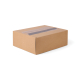 Boîte rectangulaire en carton kraft brun, photographiée de trois quarts, avec un couvercle orné de larges bandes imprimées dans Boîte rectangulaire en carton kraft brun, photographiée de trois quarts, avec un couvercle orné de larges bandes imprimées dans