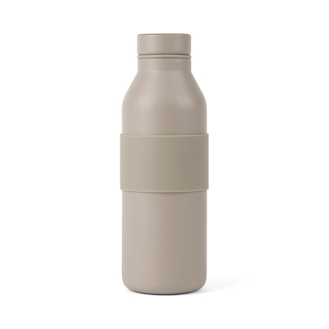 Bouteille isotherme beige clair à finition mate, présentée de face sur fond blanc, avec un bouchon à vis assorti, des épaules ar