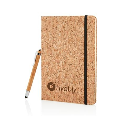 Carnet publicitaire en liège et stylo/stylet en bambou - A5