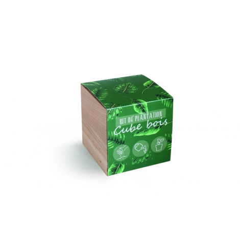 Cube bois publicitaire avec des graines