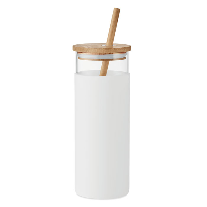 Gobelet en verre avec paille publicitaire 450ml STRASS Blanc