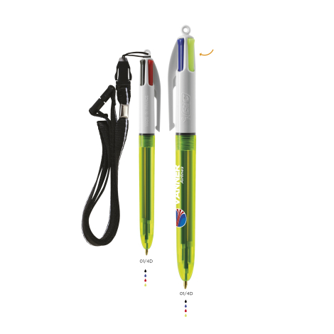 Stylo personnalisé BIC® 4 couleurs Fluo avec Lanyard