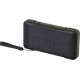 Batterie de secours fabriquée en plastique recyclé, vue de face avec panneau solaire et dragonne