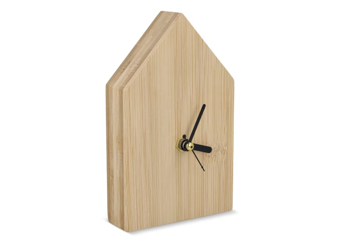 Horloge de bureau publicitaire bambou forme maison Homestead Nature