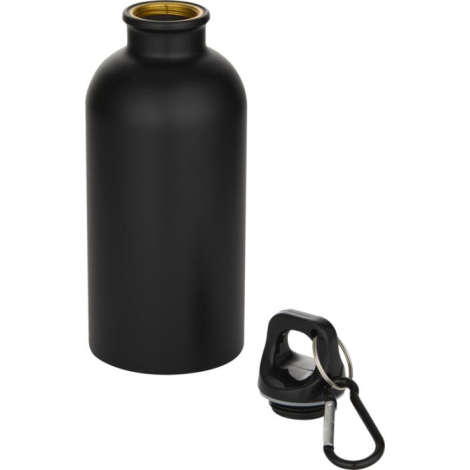 Bouteille réutilisable noire en acier recyclé avec bouchon et mousqueton détaché