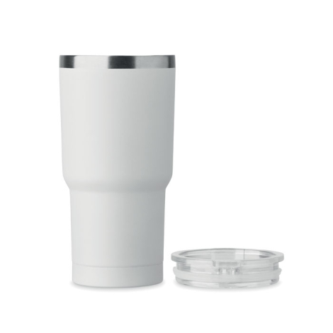Gobelet blanc double paroi en acier recyclé avec bouchon posé à côté