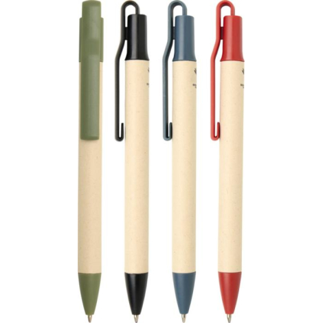 Stylos durables avec corps beige naturel et clips colorés en plastique recyclé