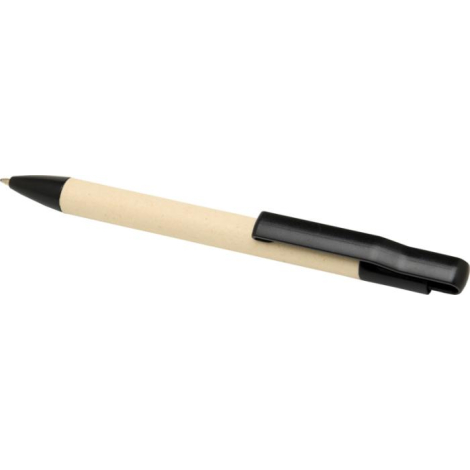 Stylo en fibre de canne à sucre présenté à plat avec clip noir recyclé