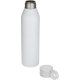 Bouteille blanche en inox recyclé avec bouchon vissé transparent posé à côté