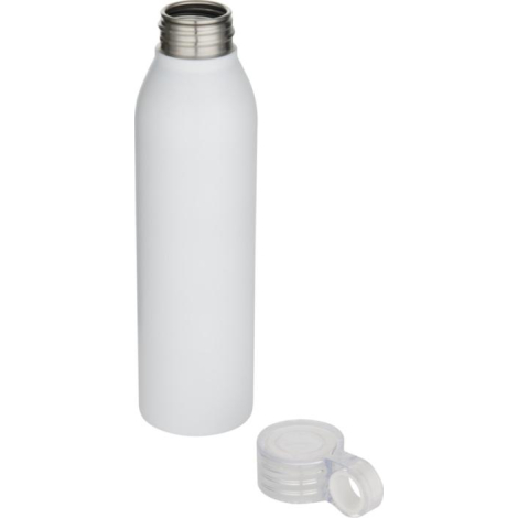 Bouteille blanche en inox recyclé avec bouchon vissé transparent posé à côté