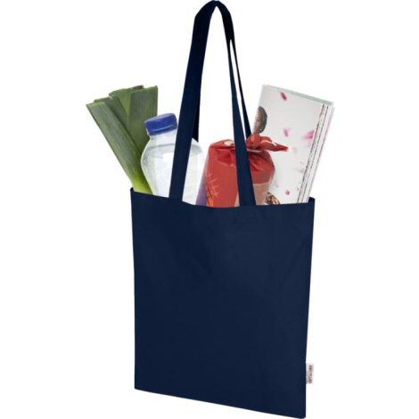 Sac shopping en coton recyclé bleu marine utilisé pour les courses du quotidien