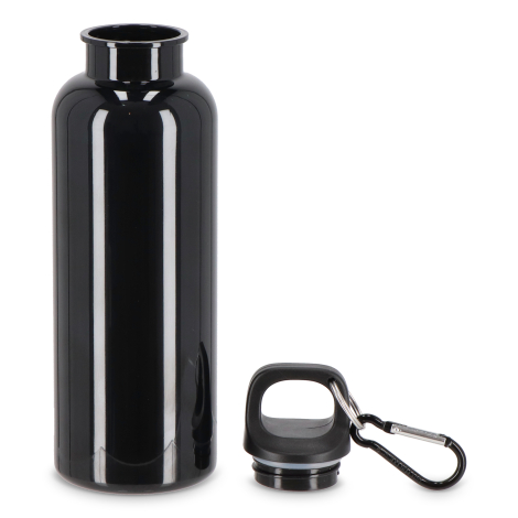 Bouteille noire en R-PET recyclé avec bouchon détaché, présentée ouverte