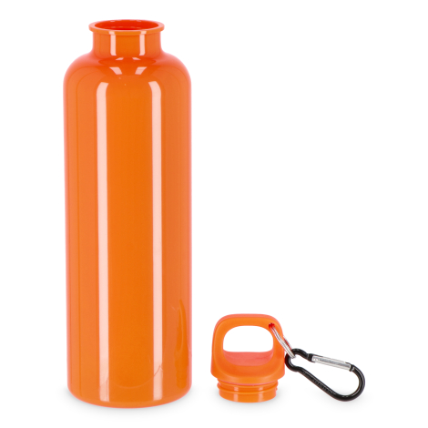 Bouteille publicitaire recyclée orange avec bouchon dévissé