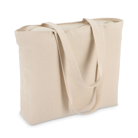 Vue latérale d’un tote bag à longues anses en toile naturelle, sans marquage visible