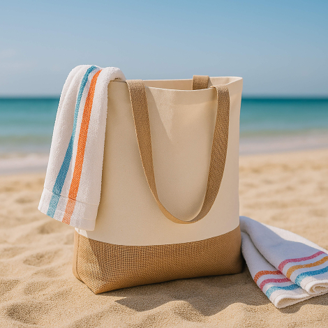 Mise en situation à la plage d’un sac personnalisable sans marquage visible