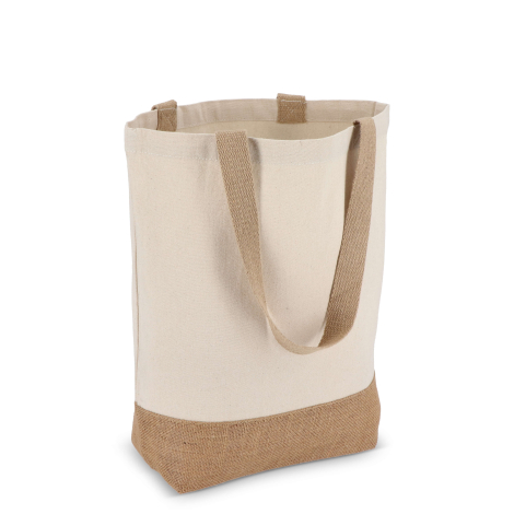 Vue arrière d’un sac en toile naturelle avec large soufflet en jute