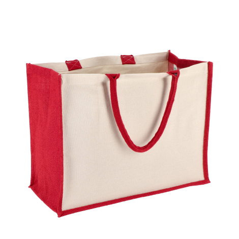 Vue arrière d’un sac contrasté sans marquage, à anses rouges