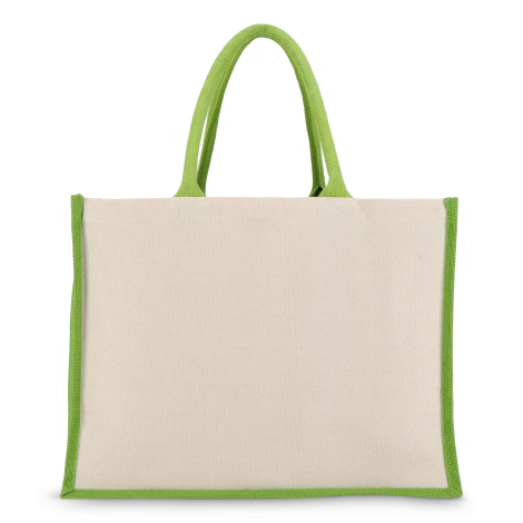 Détail d’un sac bicolore avec anses vertes, prêt à personnaliser