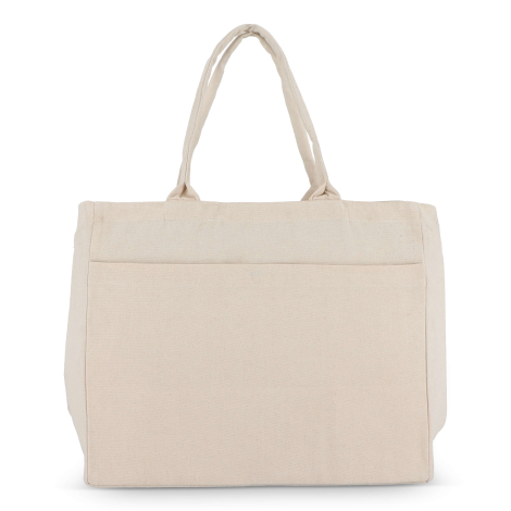 Sac cabas beige vu de face, avec poche avant, sans marquage visible
