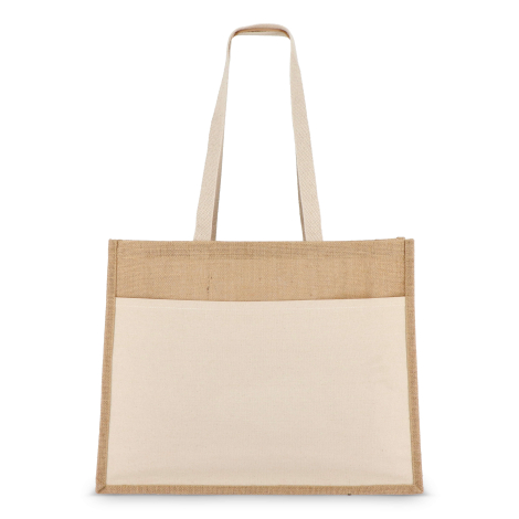 Vue de face du tote bag bi-matière posé debout sans marquage visible