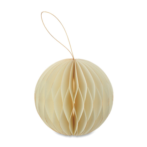 Boule beige en papier alvéolé présenté de face avec ficelle dorée