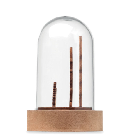 Décoration sous cloche vue de profil, avec base bois et silhouettes décoratives