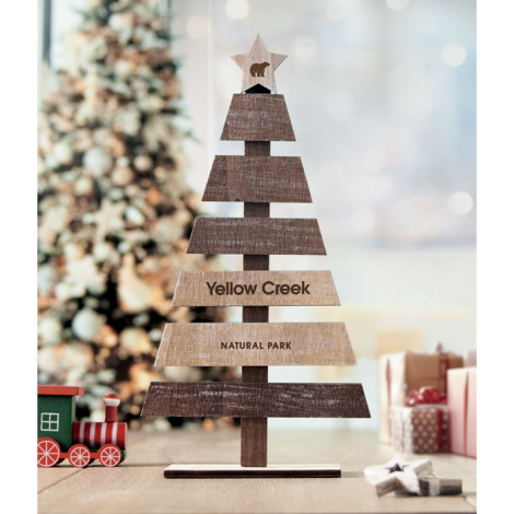 Sapin décoratif en bois en situation sur table avec marquage visible