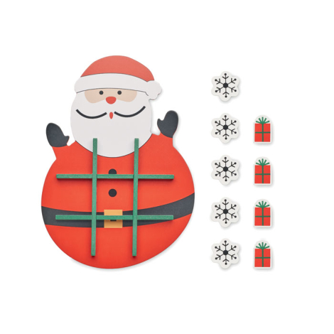 Jeu de morpion en bois présenté de face avec pions flocons et paquets cadeaux à côté