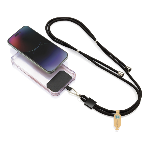Tour de cou noir avec smartphone et coque transparente reliés par languette