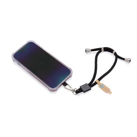 Bracelet noir à plat relié à un smartphone avec coque transparente