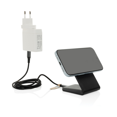 Chargeur noir en mode horizontal tenant un smartphone fixé sur la surface