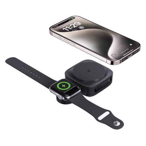 Chargeur noir en utilisation rechargeant un smartphone et une montre