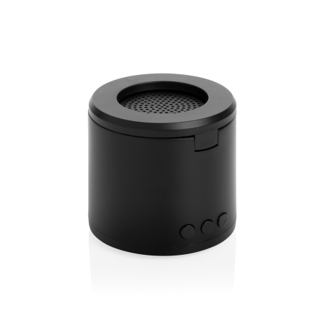 Enceinte noire cylindrique avec support replié et boutons visibles à la base