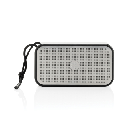 Enceinte noire rectangulaire avec façade grise photographiée de face