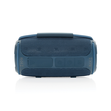 Enceinte bleue cylindrique avec surface en maille et boutons visibles