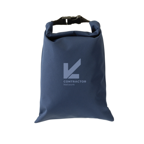 Sac à lunch bleu avec fermeture par enroulement et clip noir, marquage centré Sac à lunch bleu avec fermeture par enroulement et clip noir, marquage centré