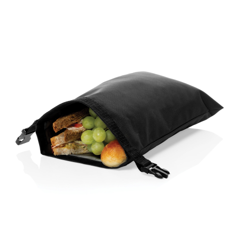 Sac à lunch noir ouvert contenant des aliments visibles