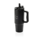 Mug isotherme noir avec anse et couvercle fermé, marquage en façade