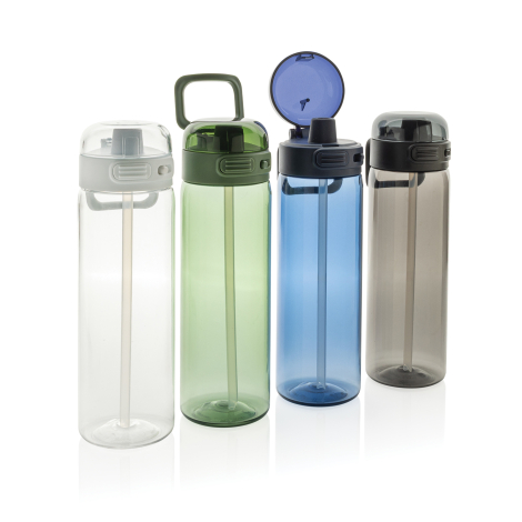 Quatre bouteilles translucides alignées en différentes couleurs avec bouchons variés